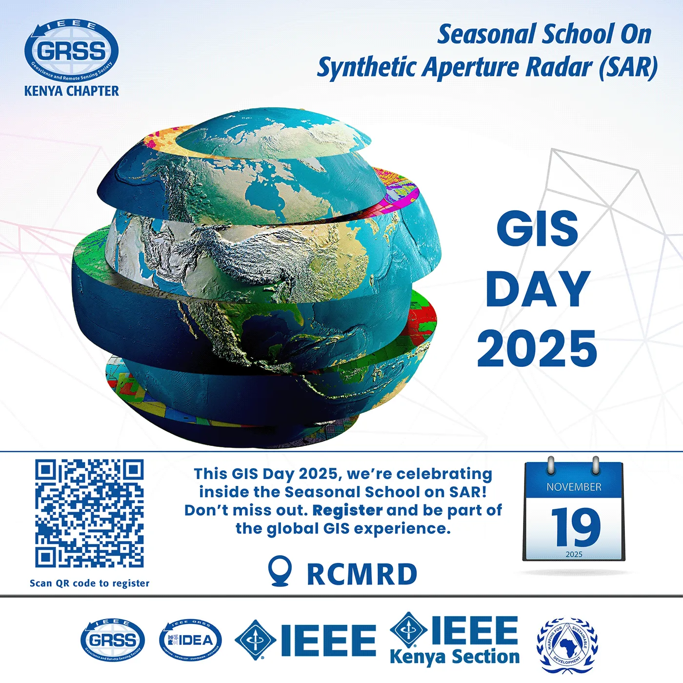 GIS Day 2025 poster with a 3D globe, event date of 19 November and registration QR code