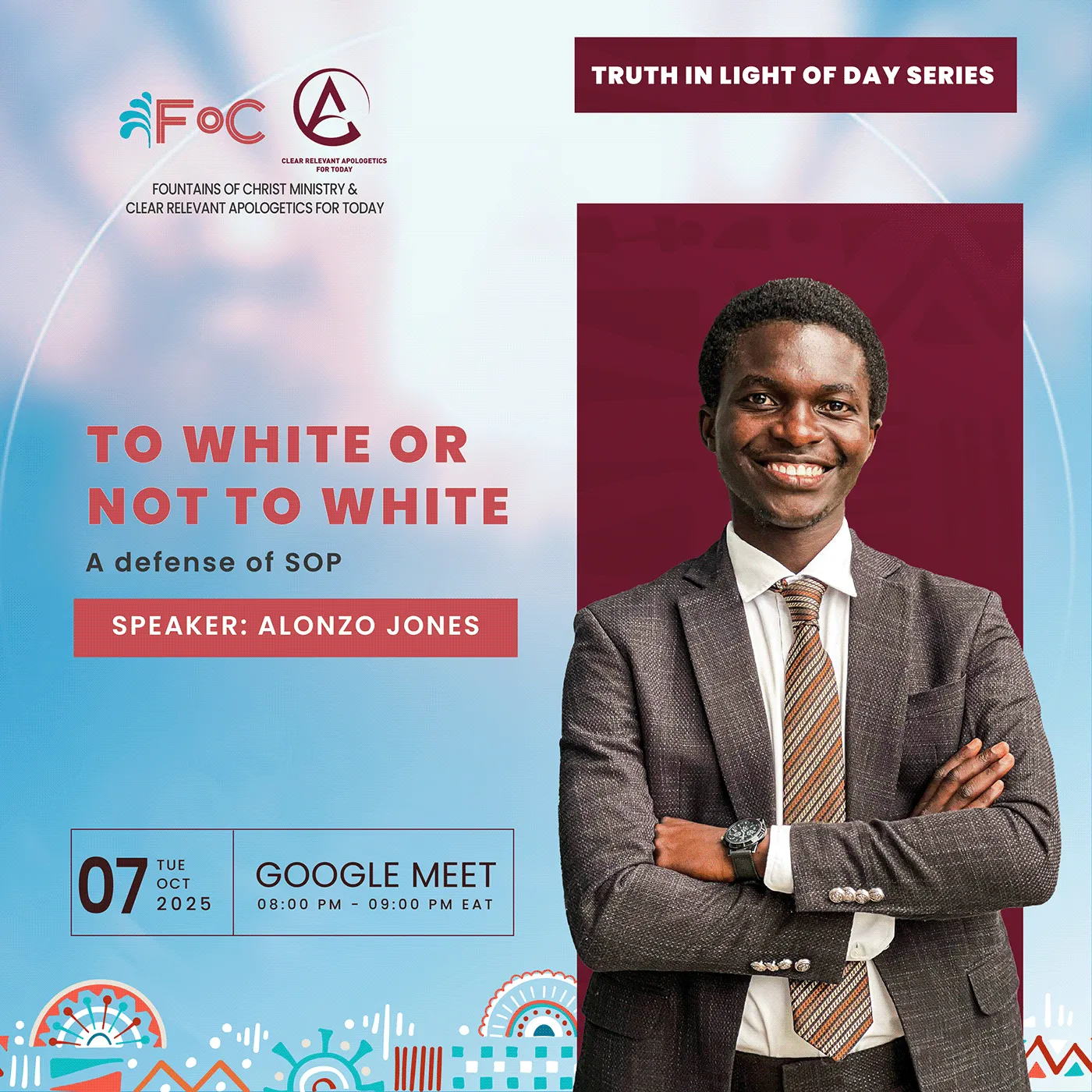 Poster for the talk "To White or Not to White: A Defense of SOP" with speaker Alonzo Jones