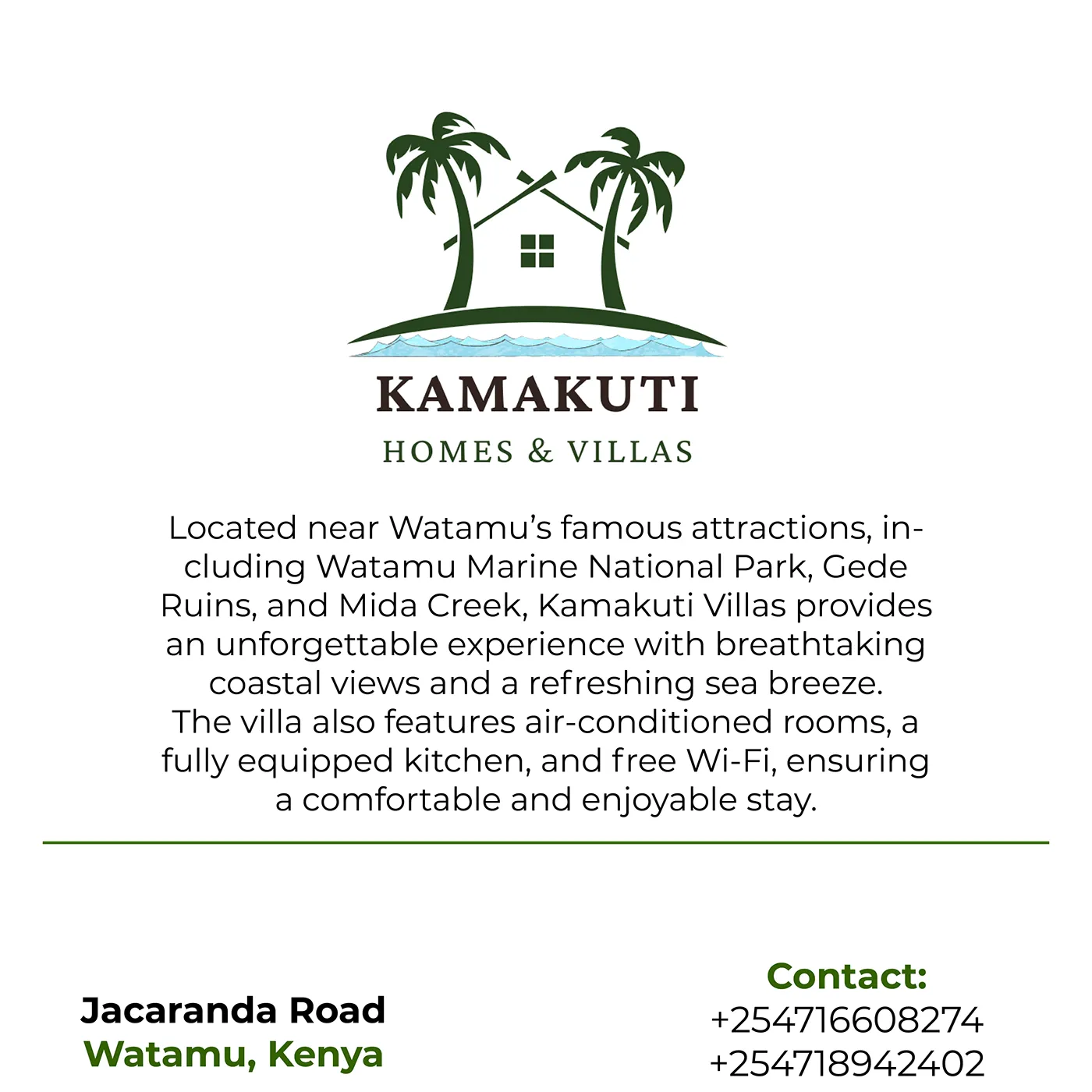 Kamakuti Homes & Villas logo with a description of the villa location in Watamu