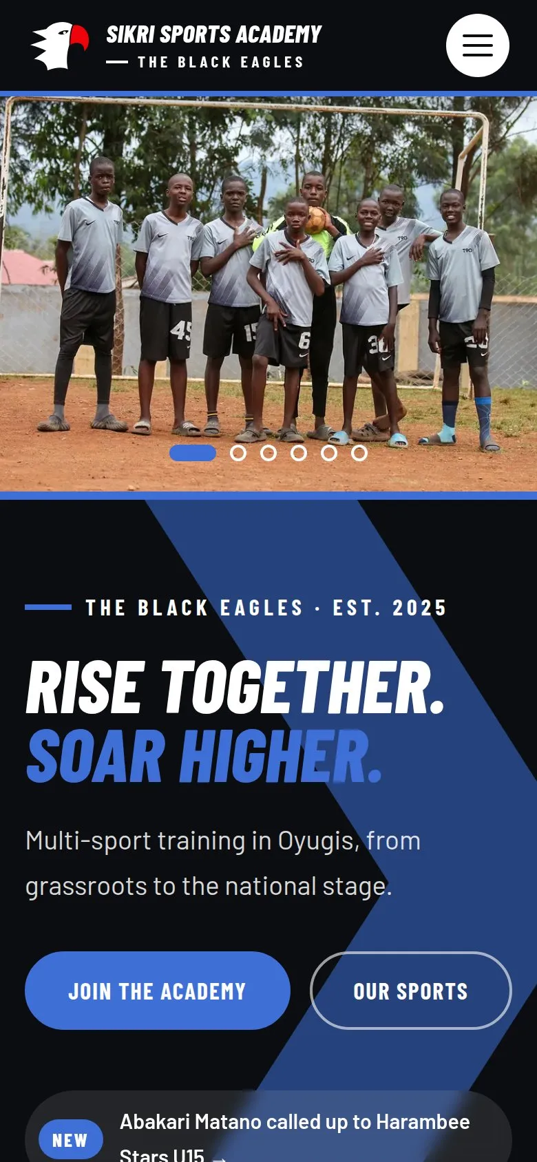 Sikri Sports Academy home page on a phone: "Rise Together. Soar Higher." with Join the Academy button