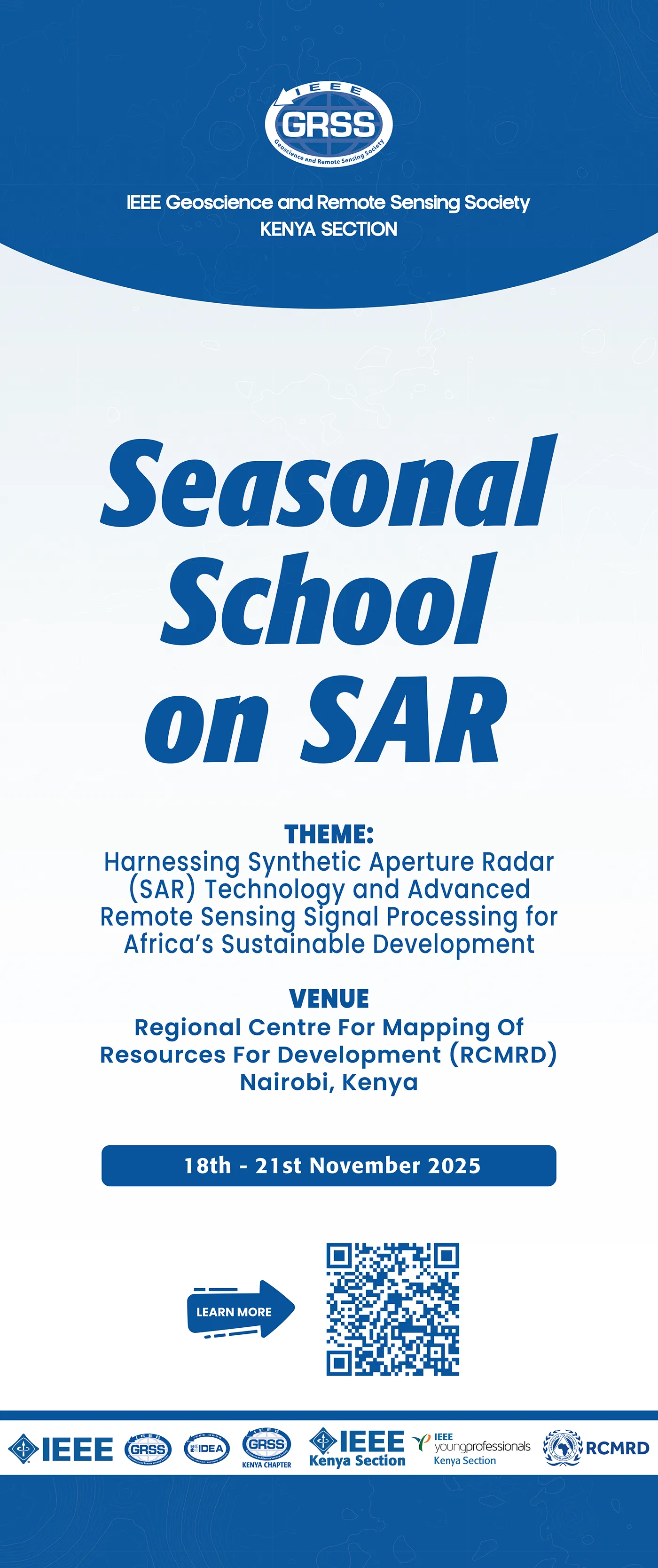 Long-form flyer for the Seasonal School on SAR with programme details and QR code