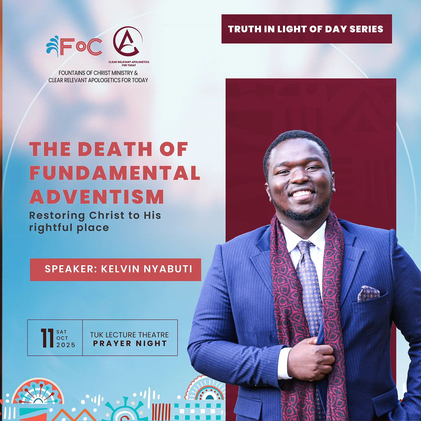 Poster for the talk "The Death of Fundamental Adventism" with speaker Kelvin Nyabuti
