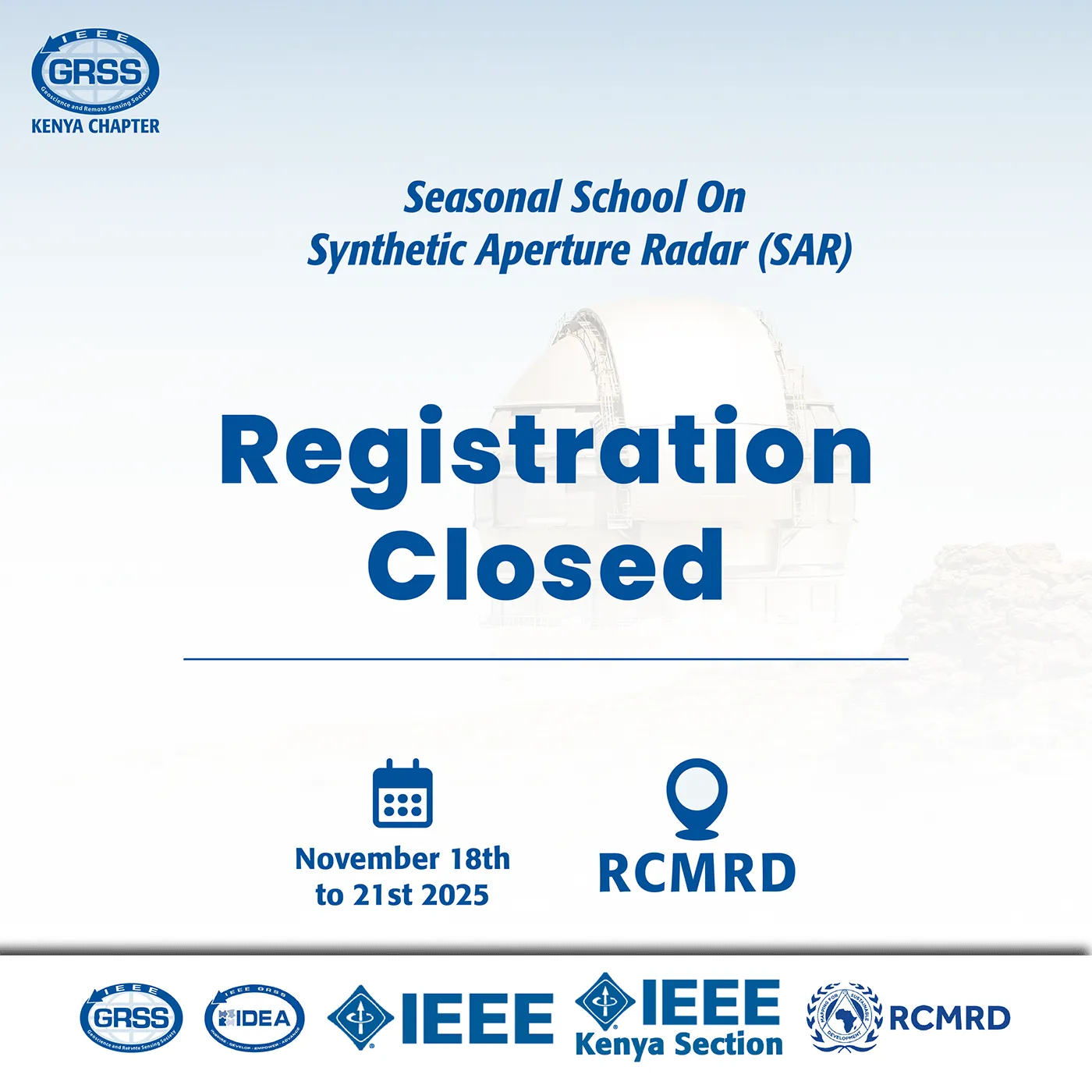 "Registration Closed" announcement for the Seasonal School on SAR