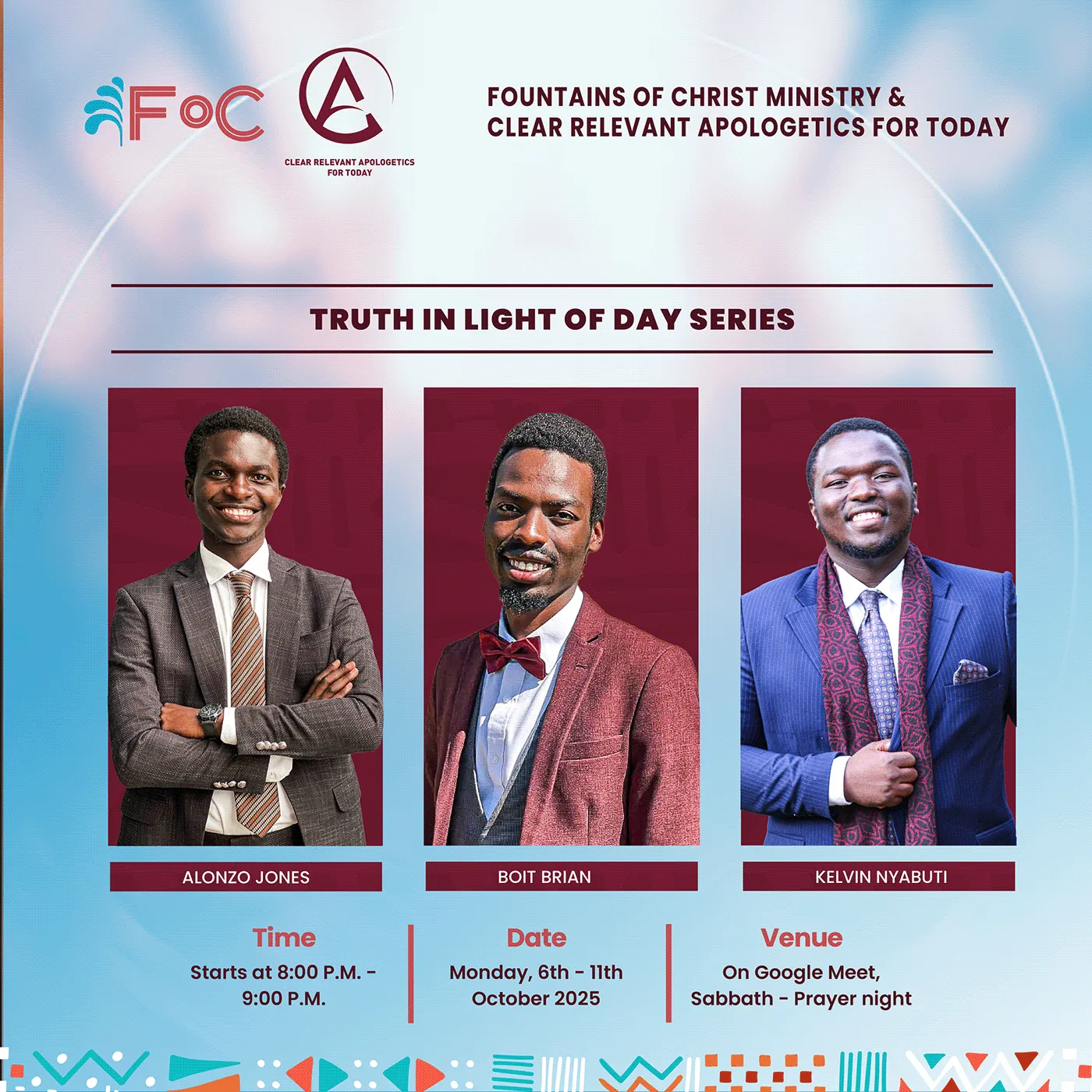 Series overview poster showing all three Truth in Light of Day speakers, dates and times