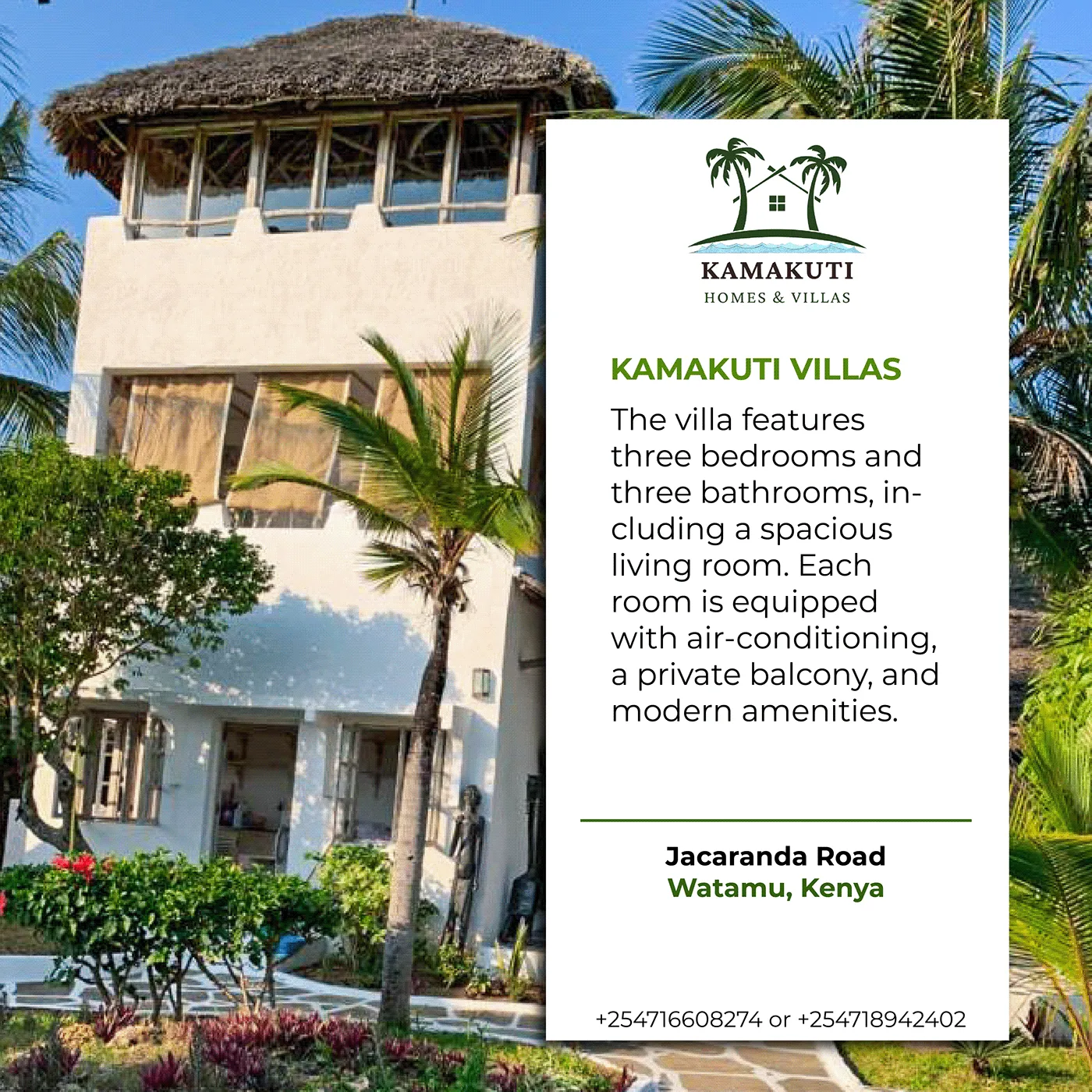 Villa feature post describing three bedrooms and spacious living