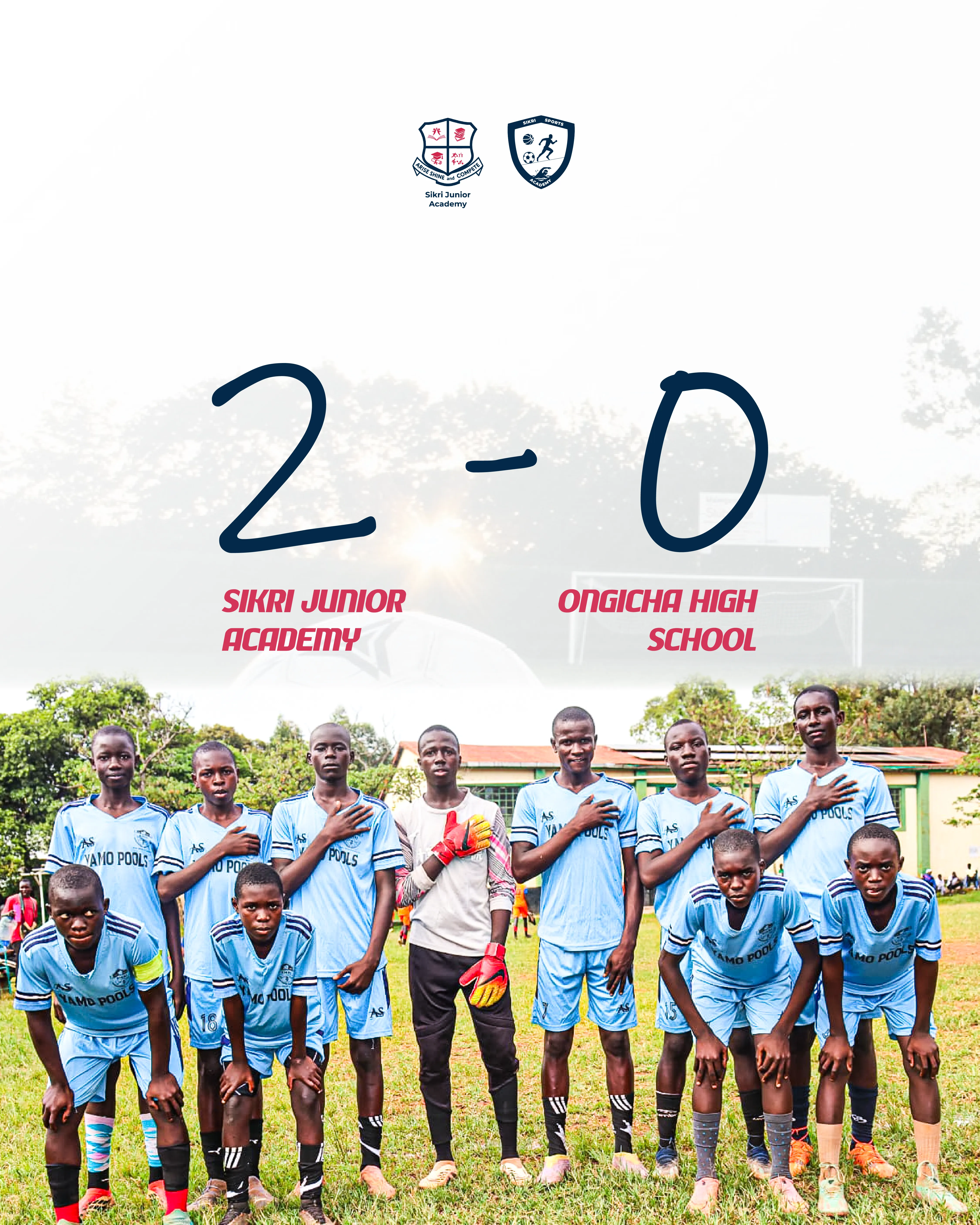 Football result post: Sikri Junior Academy wins 2–0, with a team photo