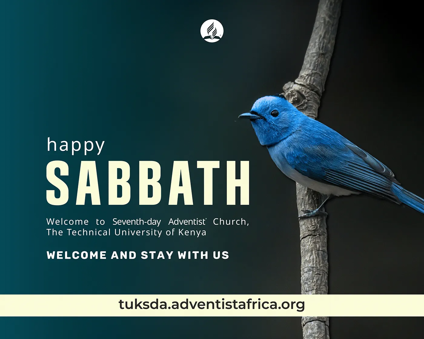 "Happy Sabbath" welcome post with a blue bird on a branch